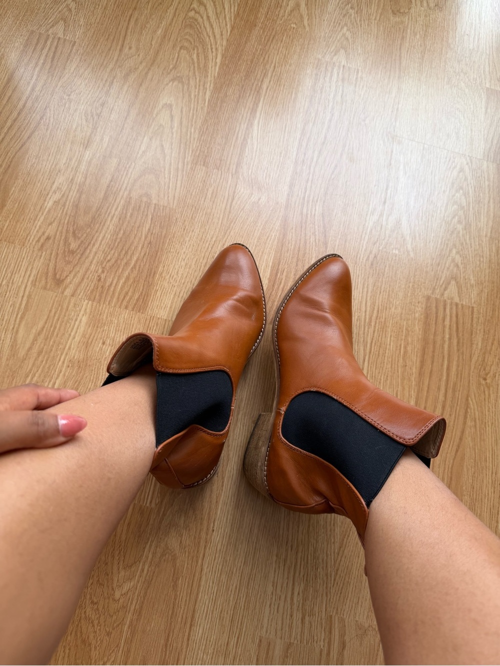 Women's Tan Leather Chelsea Booties with Black Elastic Panels